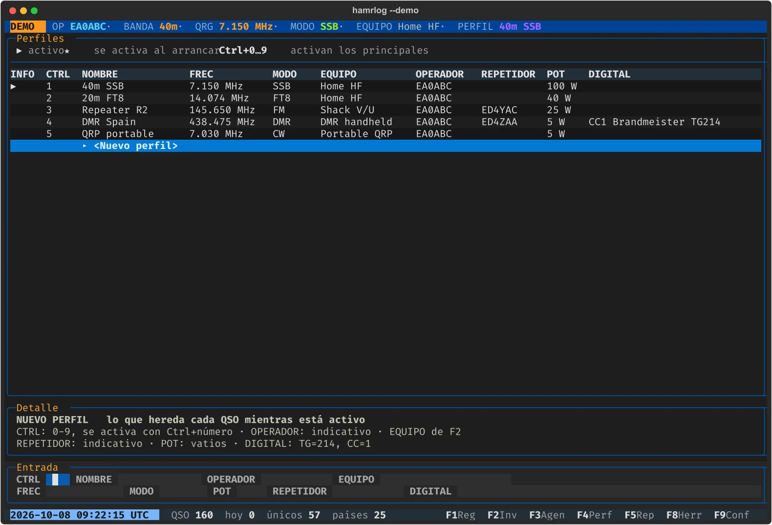 Profiles: five profiles with their key, frequency, mode, setup, operator, repeater, power and digital data.