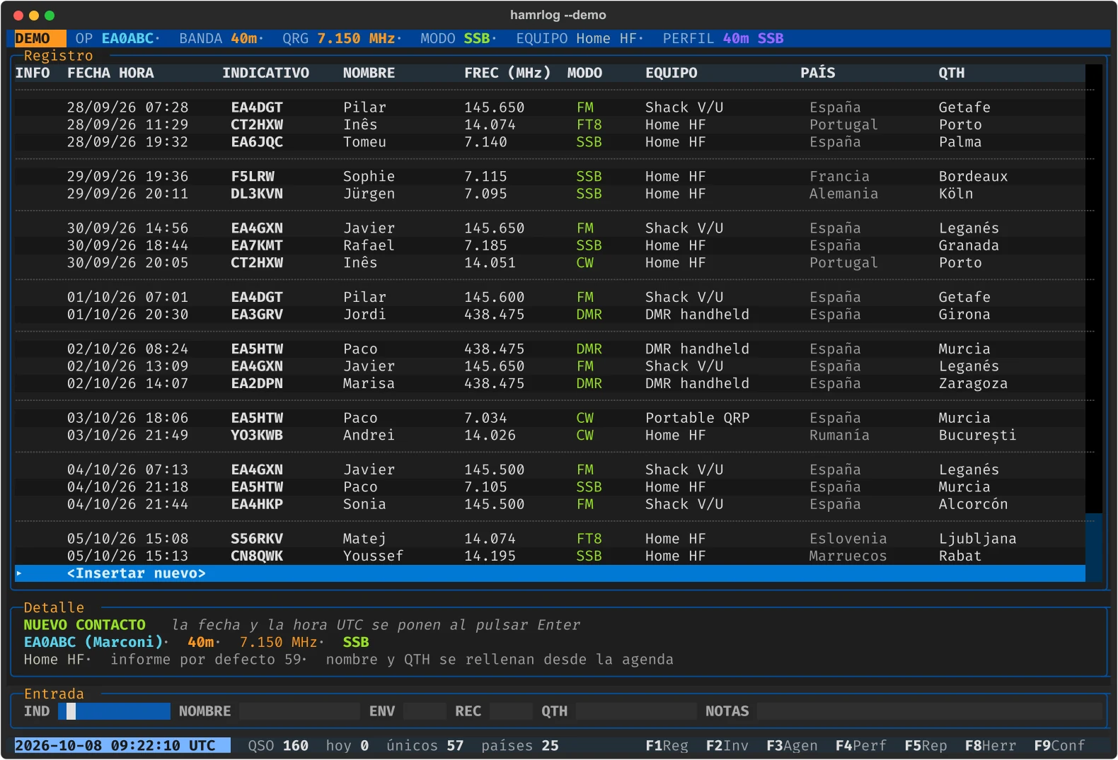 The log: QSOs grouped by day, with date, callsign, name, frequency, mode, setup, country and QTH; the detail of what the next QSO will inherit, and the input line.