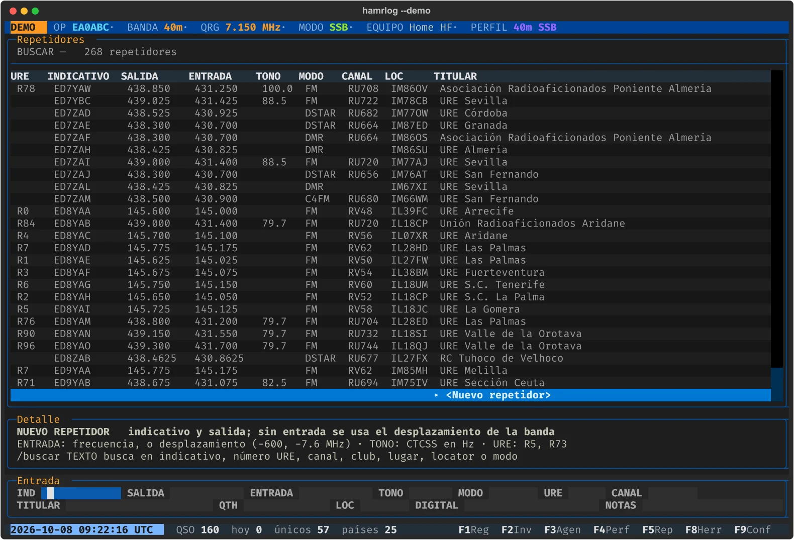 Repeaters from the URE list: number, callsign, output, input, tone, mode, channel, locator and holder.