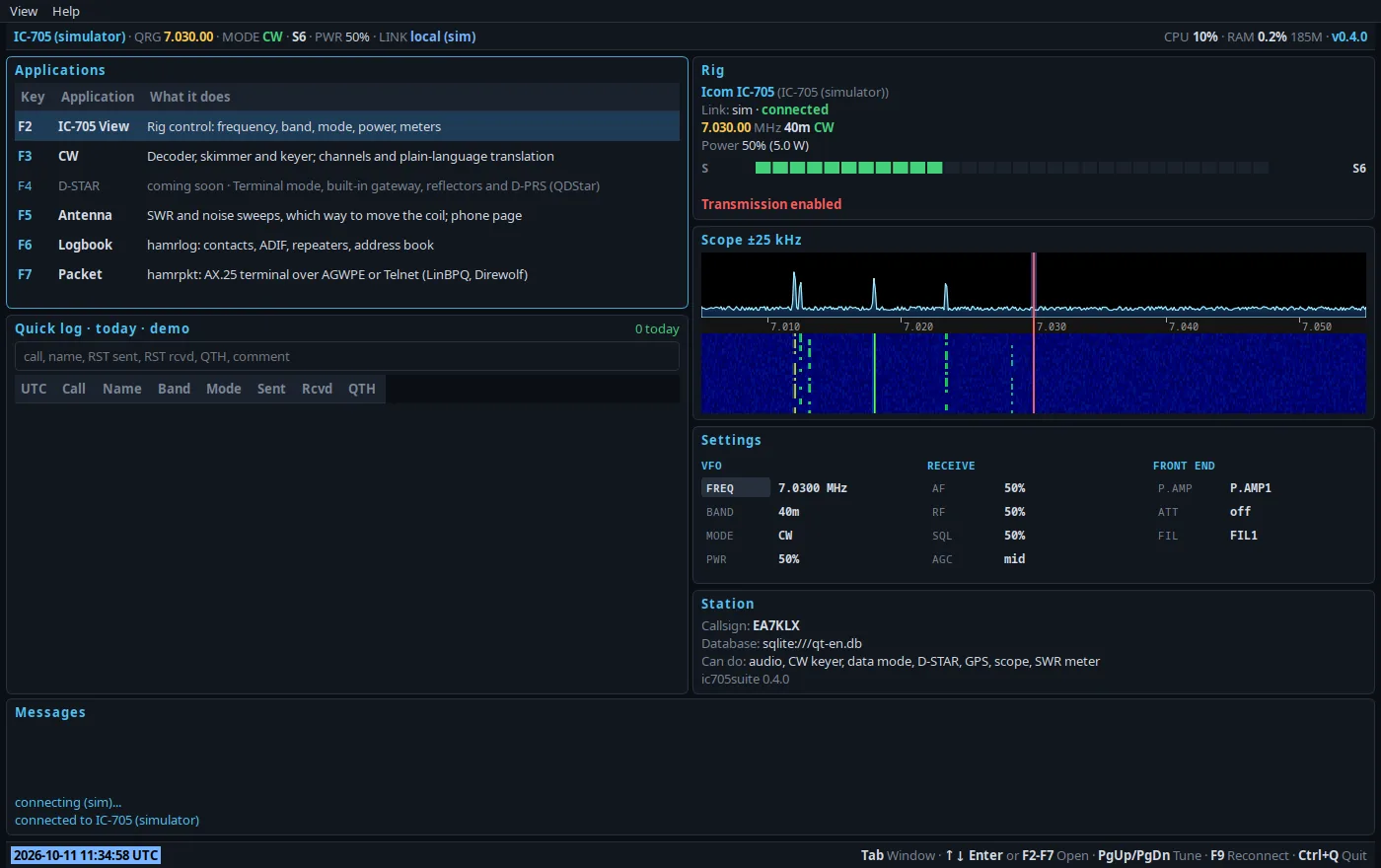 The dashboard in the Qt window, dark theme: the applications F2 to F7, the quick log, the radio with its S-meter, the band scope with its waterfall, the basic settings and the station.