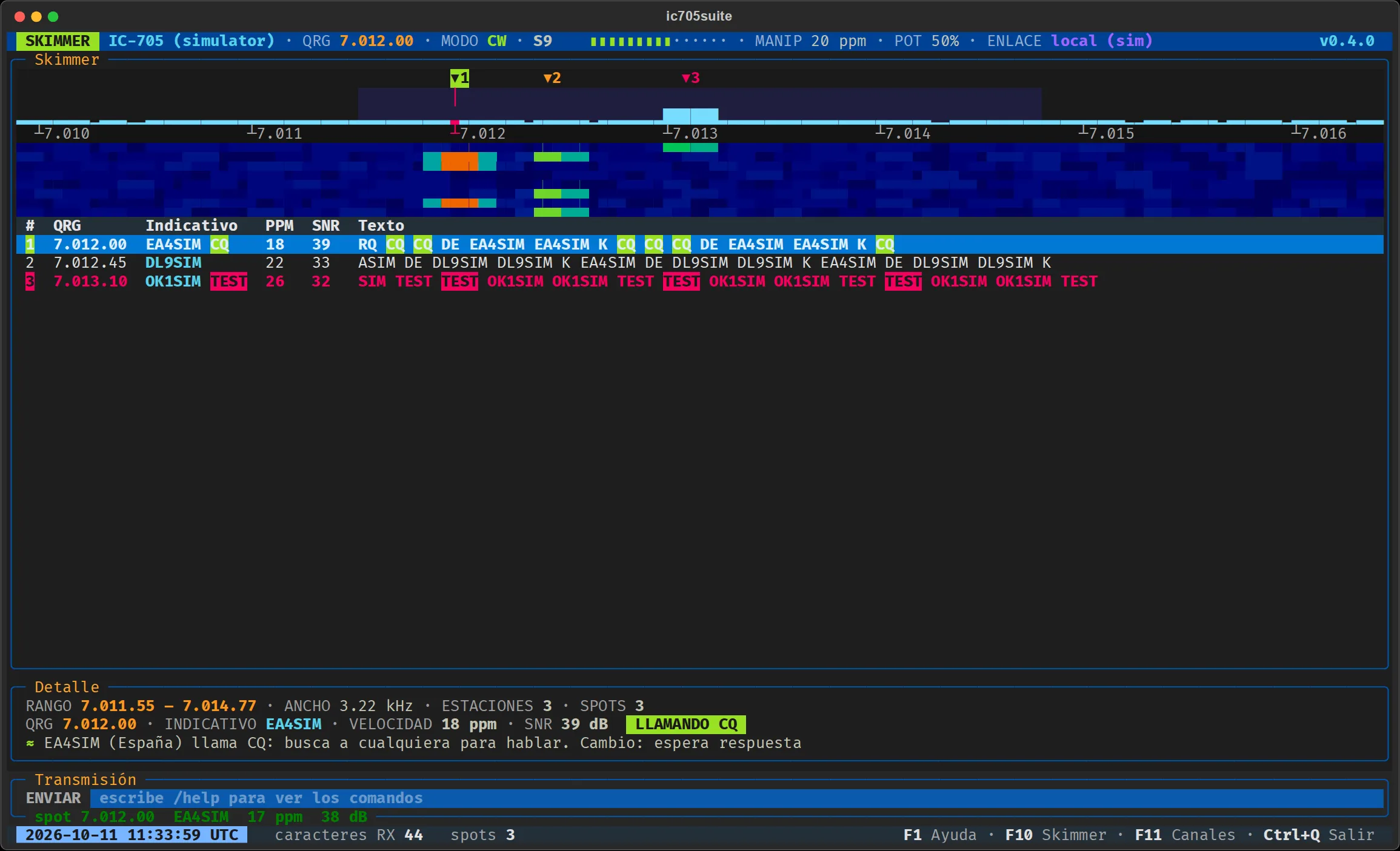 El skimmer de CW en el terminal: la cascada con tres señales marcadas, la lista con su frecuencia, indicativo, velocidad, relación señal/ruido y texto decodificado; EA4SIM llamando CQ, en verde, y OK1SIM en un concurso, en magenta. Abajo, el detalle de la estación elegida, traducido a lenguaje llano.