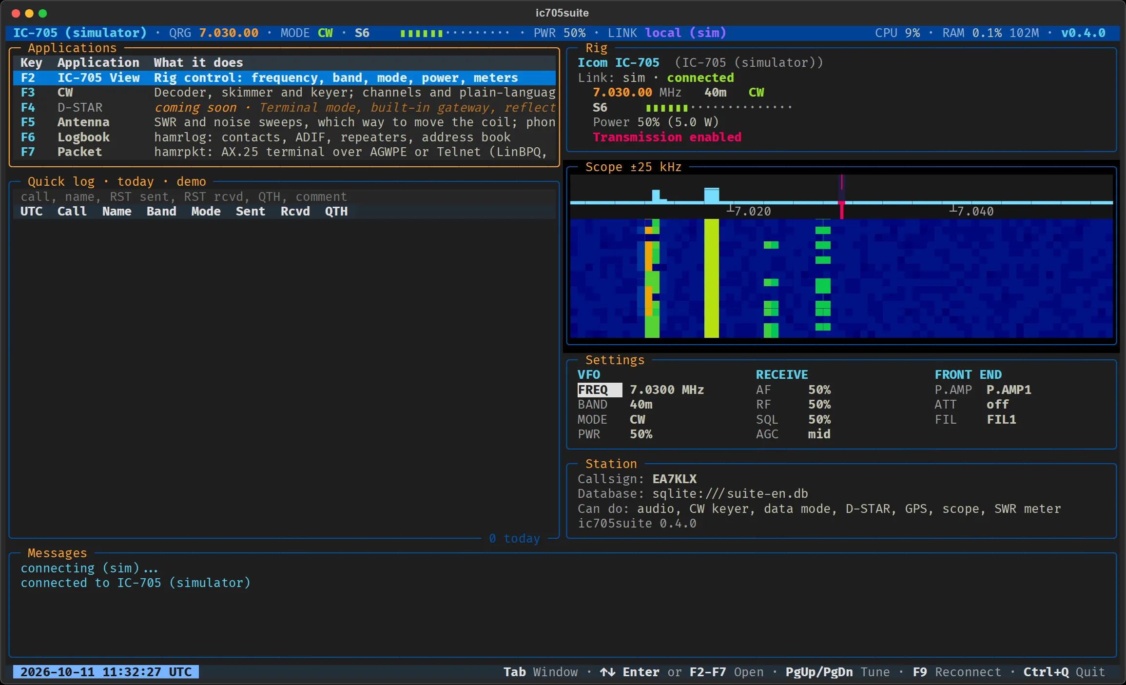 The ic705suite dashboard in the terminal, with the simulated radio: on the left the applications with their keys, F2 to F7, and the quick log below; on the right the radio on 7.030 MHz CW, a small band scope with its waterfall, the basic settings (frequency, band, mode, power, AF, RF, SQL, AGC, preamp, attenuator and filter) and the station details.